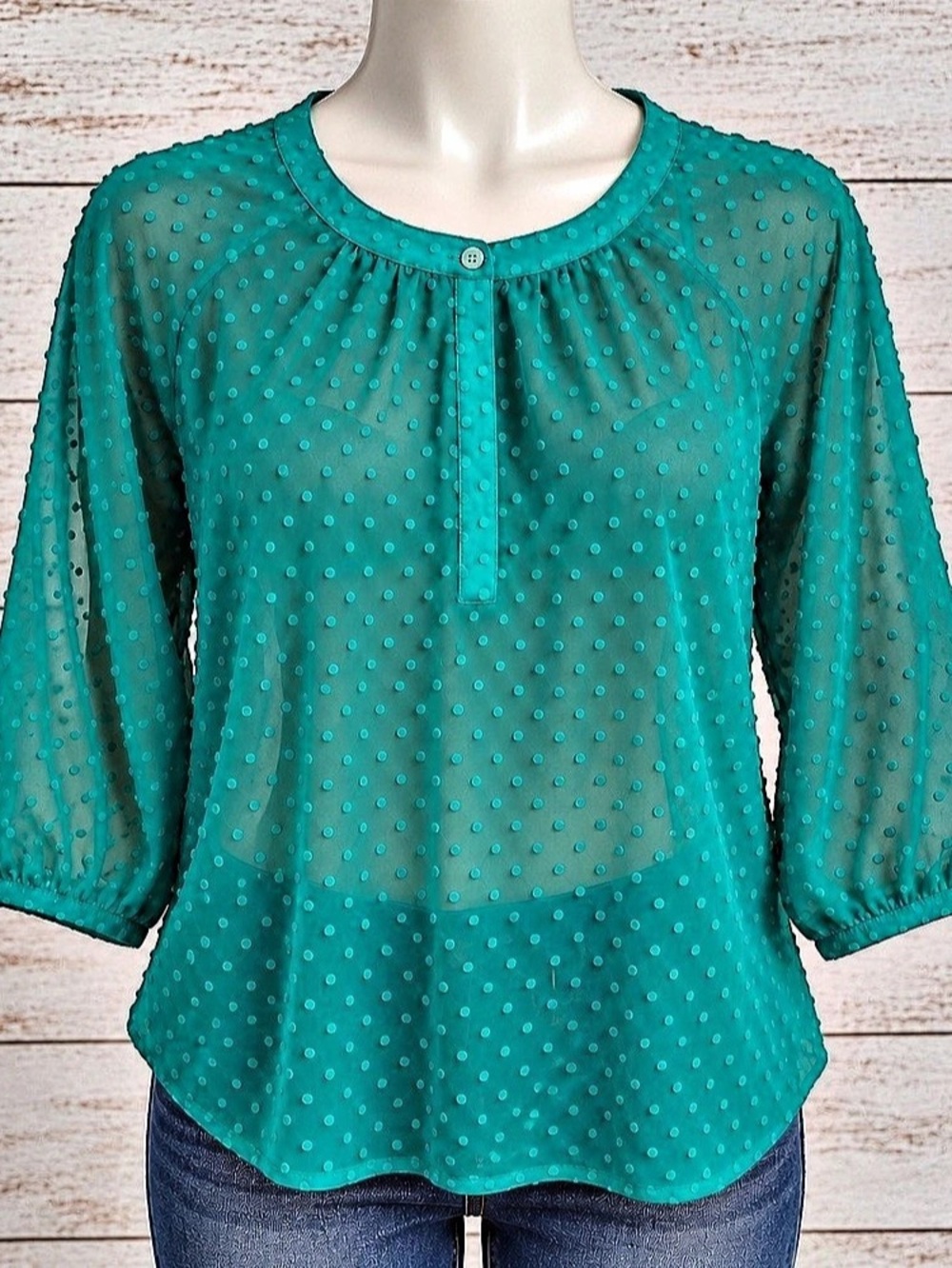 Republic Teal Swiss Dot Sheer Blouse XXS Petite 3/4 Sleeve